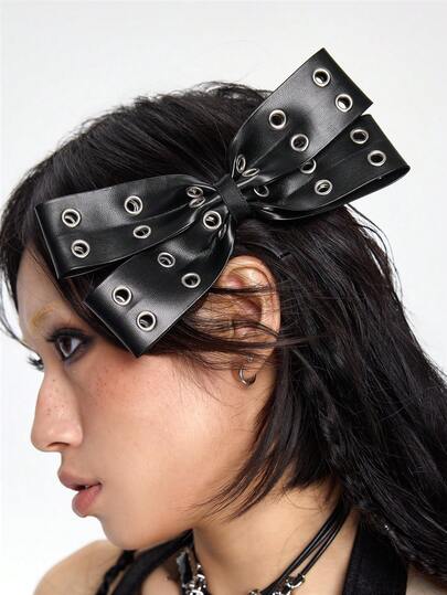 Grunge Punk 2pcs Y2K Style Vintage Elegant Punk Gothic Black Leather Double Air Vent Bow Decor DIY Hair Clip Claw Hairpins,Suitable For Sisters, Friends Daily Wear Or Holiday Gift, Halloween