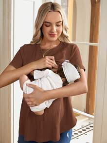 SHEIN Áo thun ngắn tay cổ tròn màu trơn, thích hợp cho bà bầu và cho con bú, mùa hè. - Cà phê nâu - Xem 4