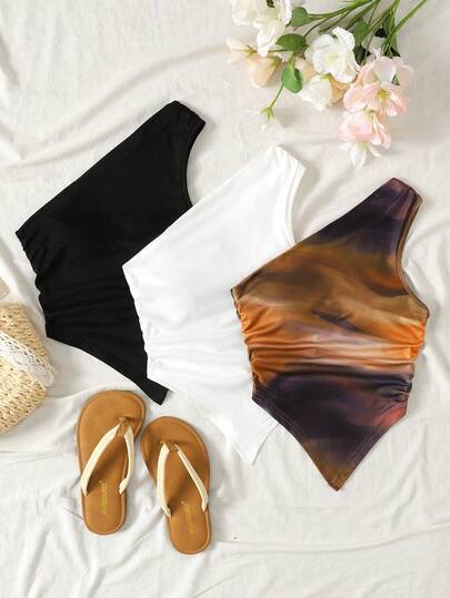 3-delige set gebreide camisoles in zwart-wit met Y2K casual vakantiestijl voor tienermeisjes, met asymmetrische zoom, tie-dye en golvend patroon, lente/zomer