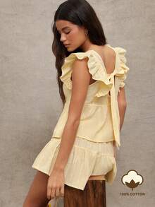 WESTFADE 100% 条纹刺绣棉质方领纽扣前襟荷叶边袖蝴蝶结后背褶裥上衣和抽绳腰带层叠短裤女士两件套 - 黃色 - 查看 1