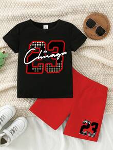 两件套幼儿男童休闲创意格子短袖T恤和短裤，印有数字23和字母，适合春、夏、秋季穿着，舒适百搭。 - 彩色 - 查看 4