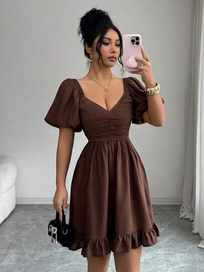 Elenzga 女士单竹结亚麻混纺A字连衣裙，前片褶皱，荷叶边下摆，松紧腰，泡泡袖，短袖，短款连衣裙，优雅，浪漫，复古，百搭，适合通勤、商务、海滩、休闲、派对、春夏等场合。