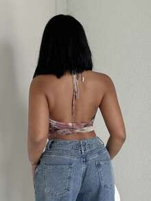 Alexandranx Women Floral Print Draping Halter Neck Backless Sleeveless Blouse - Green - View 2