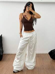 Coolane Women's Summer Cute Daily Wear Basic Contrast Lace Bow Slim Fit Blue Tank Tops - Brown - View 5