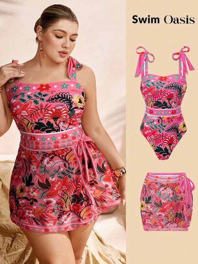 Swim Oasis Traje de baño de una pieza con cuello de escote y lazo, con estampado de ubicación, talla grande talla, con falda a juego. Conjunto de ropa de baño de alta gama adecuado para vacaciones de verano en la playa