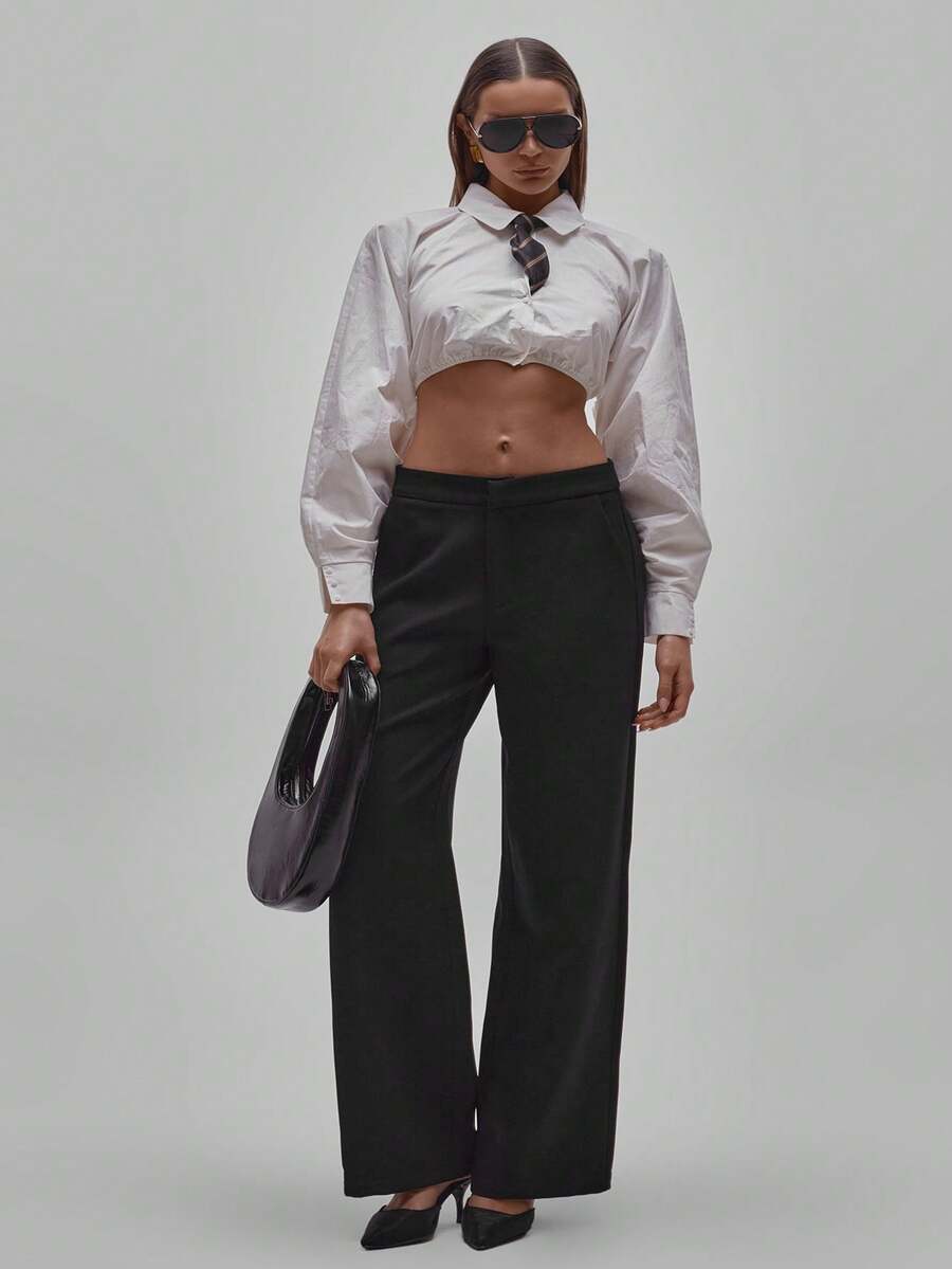 MUSERA Woven Tailored Mid Rise Straight Leg Trousers Party Sexy Night Out Elegant Occasion Valentines Bridal Wedding Engagement Wedding Party Summer Casual - Black - View 1