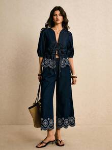 Poéselle Women's Floral Embroidery Front Tie Lantern Sleeve Fashionable Denim Blouse - Dark Wash - View 1