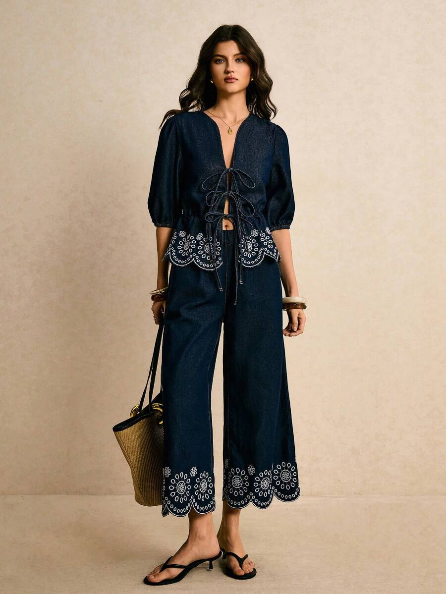 Poéselle Women's Floral Embroidery Front Tie Lantern Sleeve Fashionable Denim Blouse - Dark Wash - View 1
