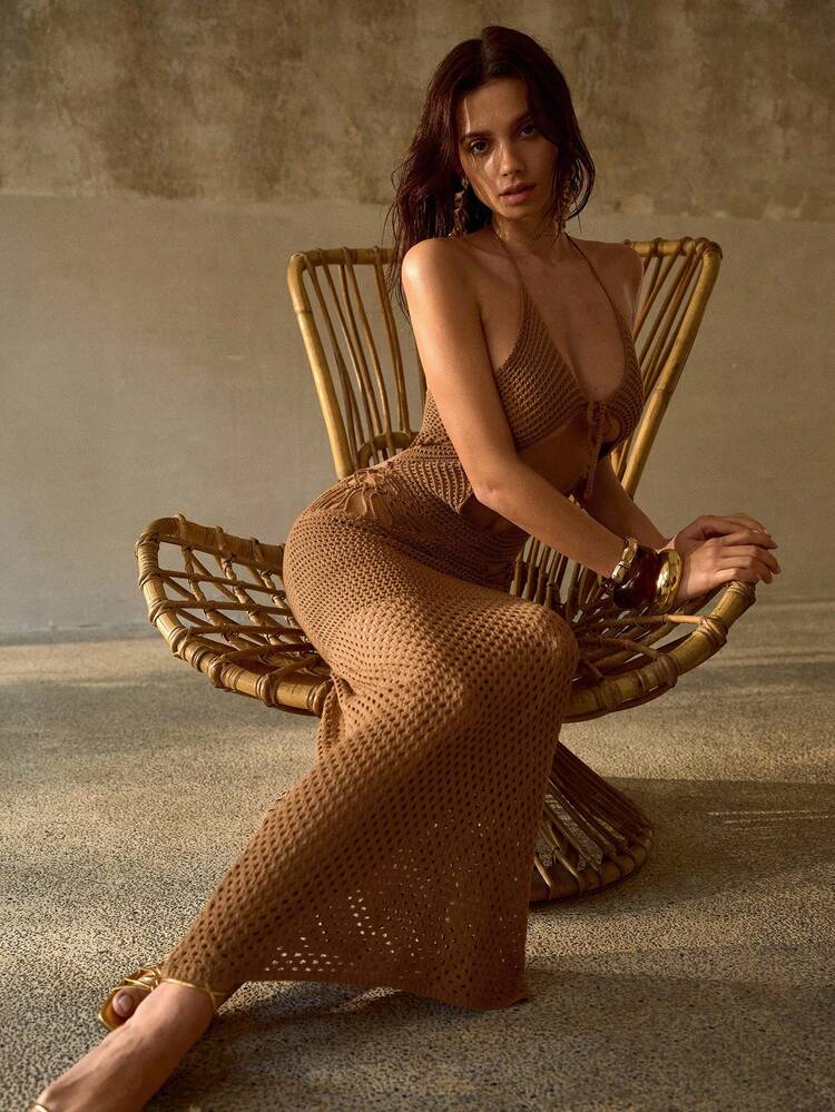 FASHIONABLE BACKLESS HIGH SLIT HANDMADE CROCHET BOHEMIAN KNIT SWIMSUIT COVER UP DRESS