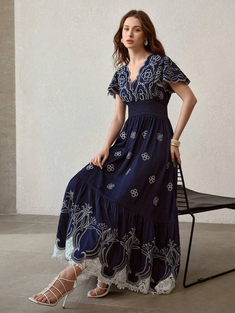 WOMEN'S FLORAL EMBROIDERY CONTRAST LACE LONG DRESS