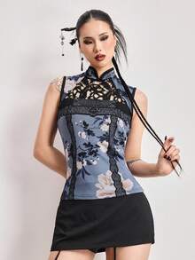 ROMWE Avant Retro New Chinese Style Garden Window Flower Design Floral Print Mandarin Collar Women Tank Top - Blue - View 7