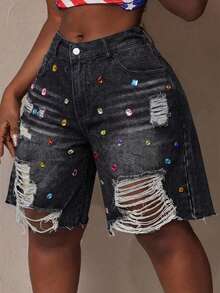 Slaydiva Shorts vaqueros de talle medio con efecto desgastado para tallas grandes - Negro - Ver 1