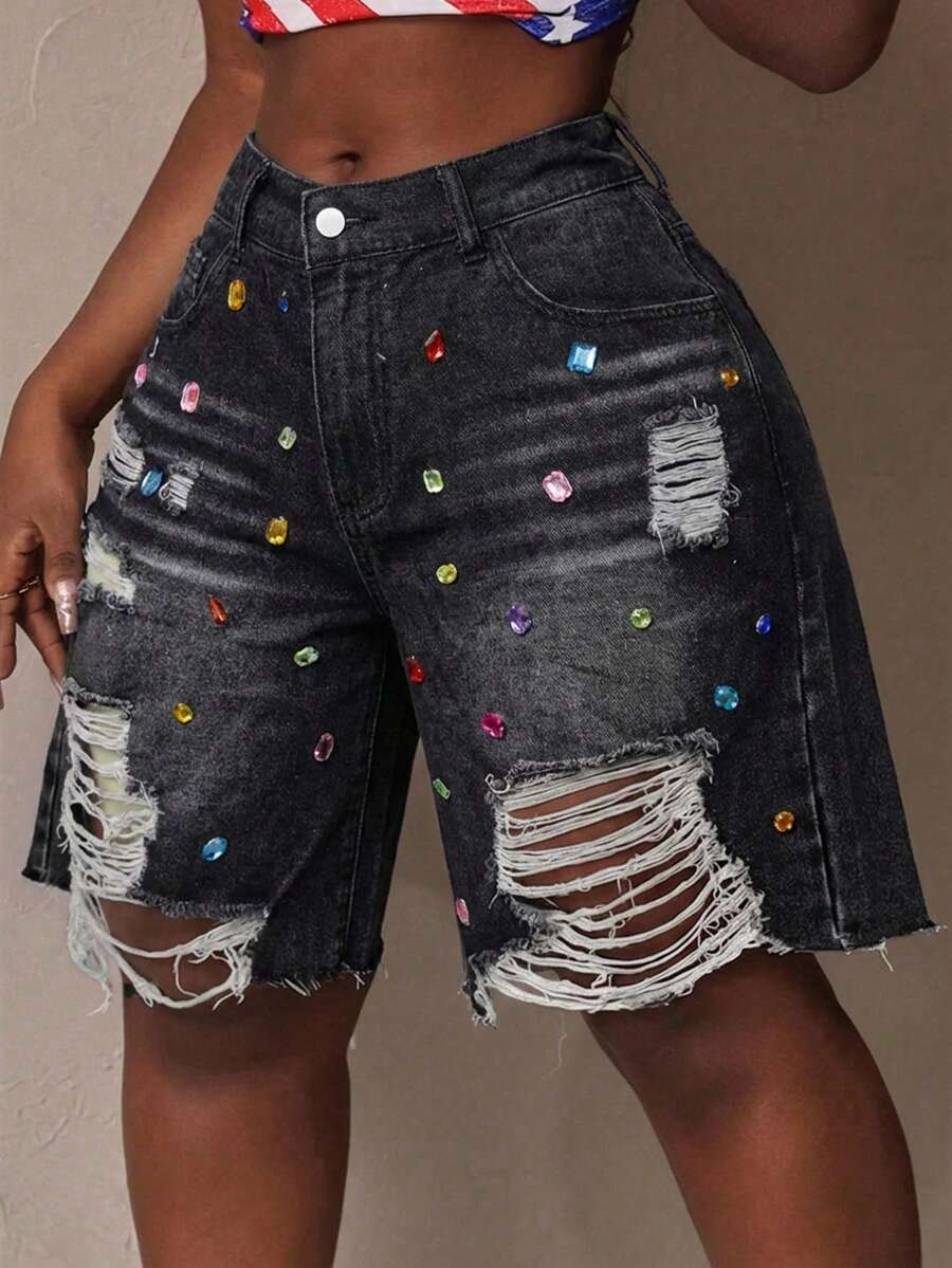 Slaydiva Shorts vaqueros de talle medio con efecto desgastado para tallas grandes - Negro - Ver 1