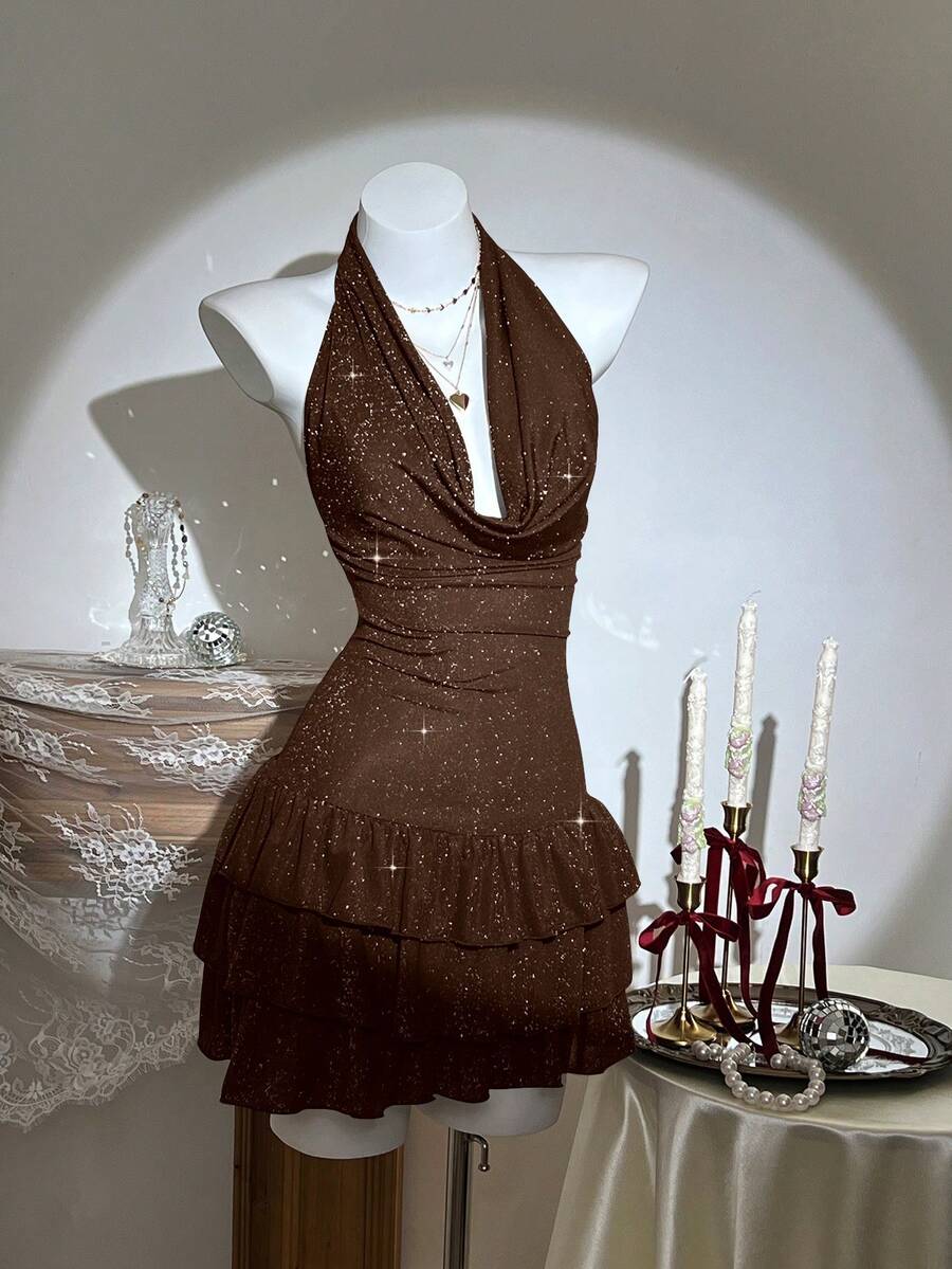 SHEIN Unity Deep Draped Neck Backless Mini Dress, Party Wear - Brown - View 1