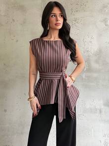 Firerie Áo sơ mi nữ thanh lịch, thời trang công sở, phong cách thành thị, đi nghỉ mát, thoải mái, tay ngắn, kẻ sọc, khóa kim loại ở eo, vạt áo bất đối xứng, màu nâu kẻ sọc. - màu nâu - Xem 6