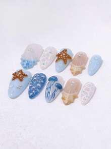 ROMWE Anime 10 Island Vacation Wind Three-Dimensional Starfish Jellyfish Fake Nail Pads And A Piece Of Double-Sided Tape - Multicolor - View 4