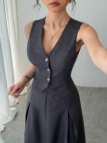 DAZY Women's Elegant Commuter Solid Color Vest & Skirt 2 Pieces Set, Summer - Black - View 5