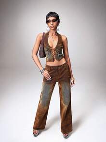 Y2Kool BiGraphic Quần jeans nữ dáng rộng, chất liệu denim màu nâu nhạt, kiểu dáng vintage Y2K, thích hợp cho mùa thu/đông, xuân/hè, các kỳ nghỉ, tiệc tùng, ngày Valentine và phối đồ hàng ngày. - màu nâu - Xem 9