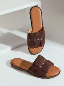 SHUZIA Women's Minimalist Casual Comfy Fringe Flat Sandals