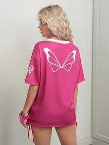 The Winx x SHEIN Women's V-Neck Cartoon Figure Graphic Casual Short Sleeve T-Shirt - Hot Pink - View 2