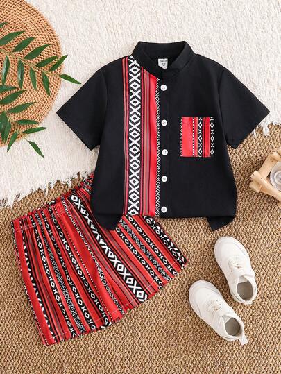 Set de 2 piezas de camisa de manga corta con cuello mao y pantalones cortos con estampado geométrico a rayas para niños pequeños, adecuado para uso diario, eventos, nuevo estilo, conjunto de camisas para niños