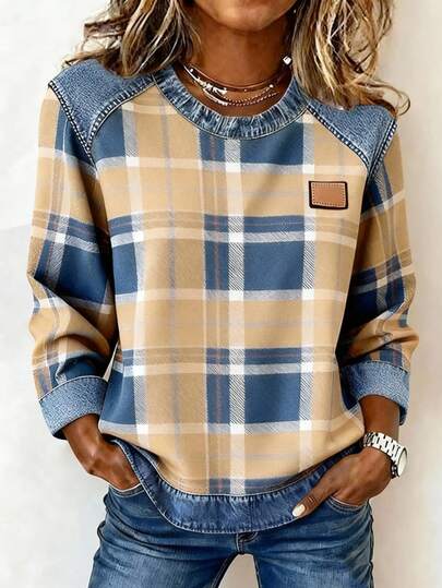 EMERY ROSE Women's Casual Plaid Patchwork Round Neck Long Sleeve T-Shirt, Autumn