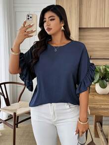SHEIN LUNE Blus Longgar Lengan Kelelawar Kasual Wanita Ukuran Besar, Warna Polos, Cocok untuk Sehari-hari, Liburan, Perjalanan, Musim Semi/Panas - Navy Blue - View 4