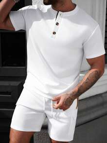 Manfinity Homme 男士白色撞色T恤休闲套装 - 白色 - 查看 6