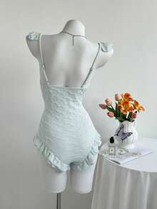 Elamini Women's Fashion Cap Sleeve Ruffle Trim 3D Floral Bodysuit - Blue - View 2