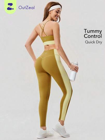 OutZeal Women Sports Leggings Gym Workout Tummy Control Quick-Drying Stretch Color-Blocked Design Witth Pockets