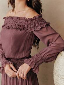 Anewsta Women's Elegant Off-Shoulder Metallic Pleated Minimalist Dress, Suitable For Dates, Spring/Summer - Dusty Purple - View 2