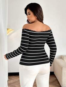 Calvaya Camiseta Ajustada com Ombros à Mostra, Renda Contrastante e Listras, Casual, Plus Size, Outono - Multicolorido - Visão 2
