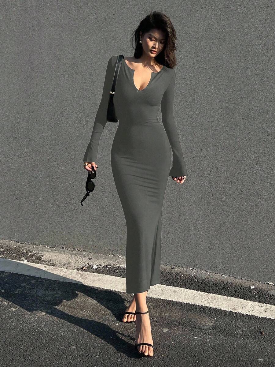 DAZY 女士V领裹身长袖中长连衣裙 - 深灰色 - 查看 1