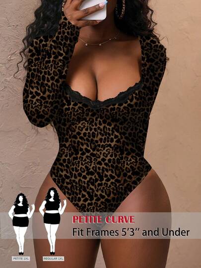 SHEIN PETITE CURVE Plus Size Autumn Fashion Leopard Print Contrast Lace Heart Neck Long Sleeve Bodysuit
