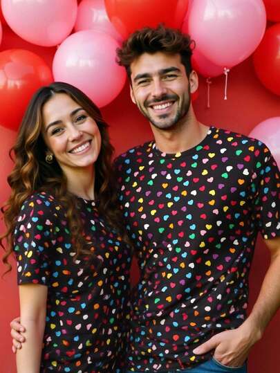 HIMLAND Men's Casual Valentine's Day Date Colorful All-Over Heart Print Short Sleeve T-Shirt, Couple Matching Matching Shirts For Couples His And Hers Shirts Matching Outfits For Couples Heart Print Shirts Couple Shirts Couple T-Shirts His And Her Shirts Men And Women Matching Outfits