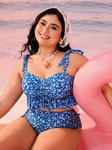 Swim Mod Plus Size Ditsy Floral Swimsuit Set, Ruffled Hem, Front Drawstring Pants, Side Ruched, Suitable For Vacation, Beach, Pool - Multicolor - View 3