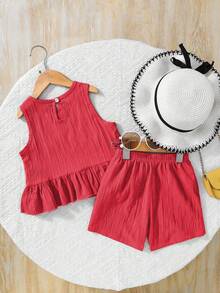 SHEIN Genkimix Kids 两件套女童纯色圆领无袖上衣和宽松纯色短裤套装 - 紅色 - 查看 3