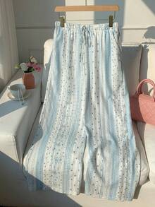 Comfortcana 女士条纹撞色格子松紧腰抽绳裤 - 藍色 - 查看 3