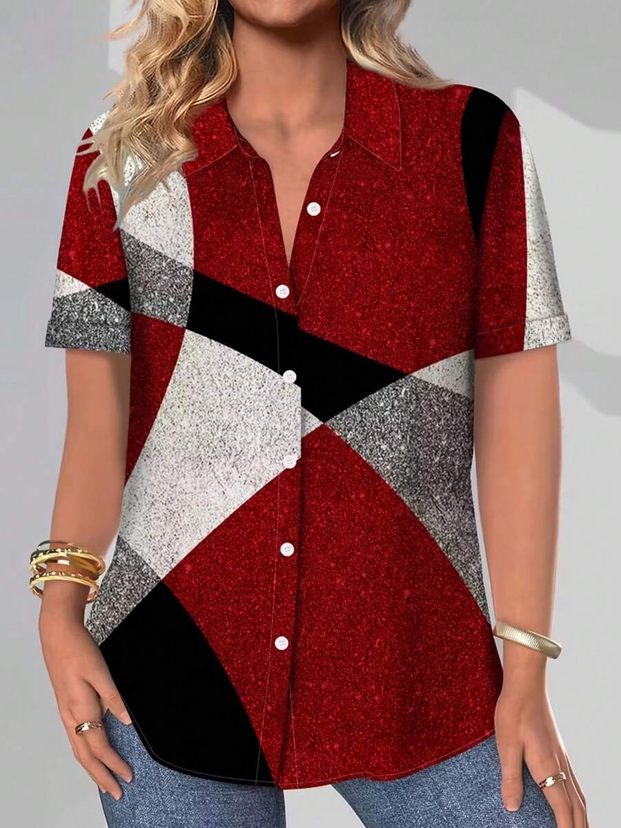 EMERY ROSE 女士休闲短袖衬衫 - 几何撞色印花，红色亮片点缀，纽扣开襟，可机洗，四季皆宜的休闲上衣，短袖衬衫 - 彩色 - 查看 1