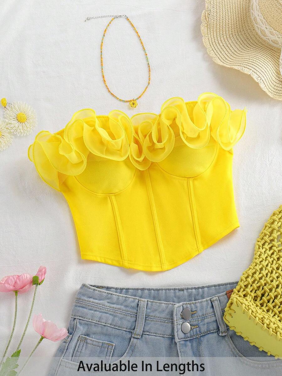 SHEIN Tall CURVE Áo quây mùa hè thanh lịch dành cho nữ cỡ lớn, có bèo nhún, thích hợp đi chơi hoặc dự tiệc ngày Valentine. - Màu vàng - Xem 1