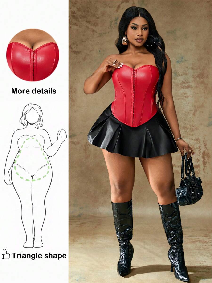 Truni Plus Size Solid Center Front Button Decoration PU Leather Black Tube Top, For Pear & Triangle Body Shape - Red - View 1
