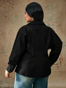 Truni 大码纯色前扣收腰长袖衬衫，秋季休闲风格 - 黑色 - 查看 2