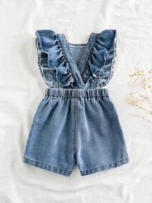 Baby Girls' Denim Romper, Loose Fit Cute Ruffled Bib Overall, Elastic Waist, Lightweight Soft Cotton Denim, Fashionable Must-Have For Girls, Suitable For Spring/Summer Wear, Casual, Outings, Parties, 2025 Autumn New Arrival - Light Wash - View 2