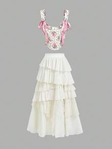 SHEIN MOD Vintage Floral Plaid Print Cross Tie Corset-Style Tank Top – Perfect For Vacation, Date, Picnic, Party, Prom, Festival, And Birthday; Romantic Vintage Court Style Flower Print Floral Bustier Top Floral Top Pink Ribbon Top, Valentine's Day, Carnival Costume - Multicolor - View 6