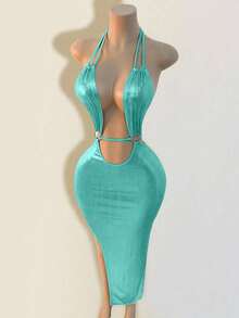 Mistrie 女士纯色露背性感连衣裙 - 薄荷藍 - 查看 5