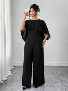 Elenzga Ruffle Boat Neck Tie Shawl Chiffon Jumpsuit Maxi Dress, Business Casual Party Summer Women Outfit, Elegant Formal Women Dresses, Evening Dress, Wedding Guest - Black - View 3