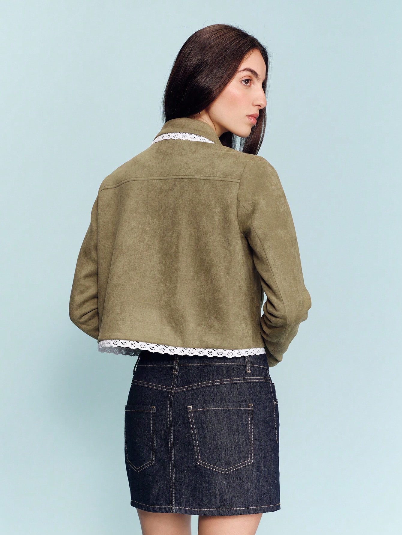 Khaki Suede Effect Jacket With Contrast White Lace Trim Button Front And Patch Pockets Cute Vintage Romantic Outerwear French Style Parisian Style