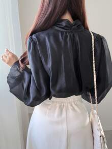 FRIFUL 女士纯色蝴蝶结领薄纱宽松休闲百搭衬衫 - 米色 - 查看 4