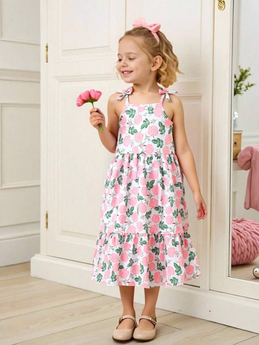 Elladie kids Robe mi-longue à bretelles fines avec imprimé floral élégant et confortable, décoration papillon, pour jeune fille - Rose bonbon - Voir 1