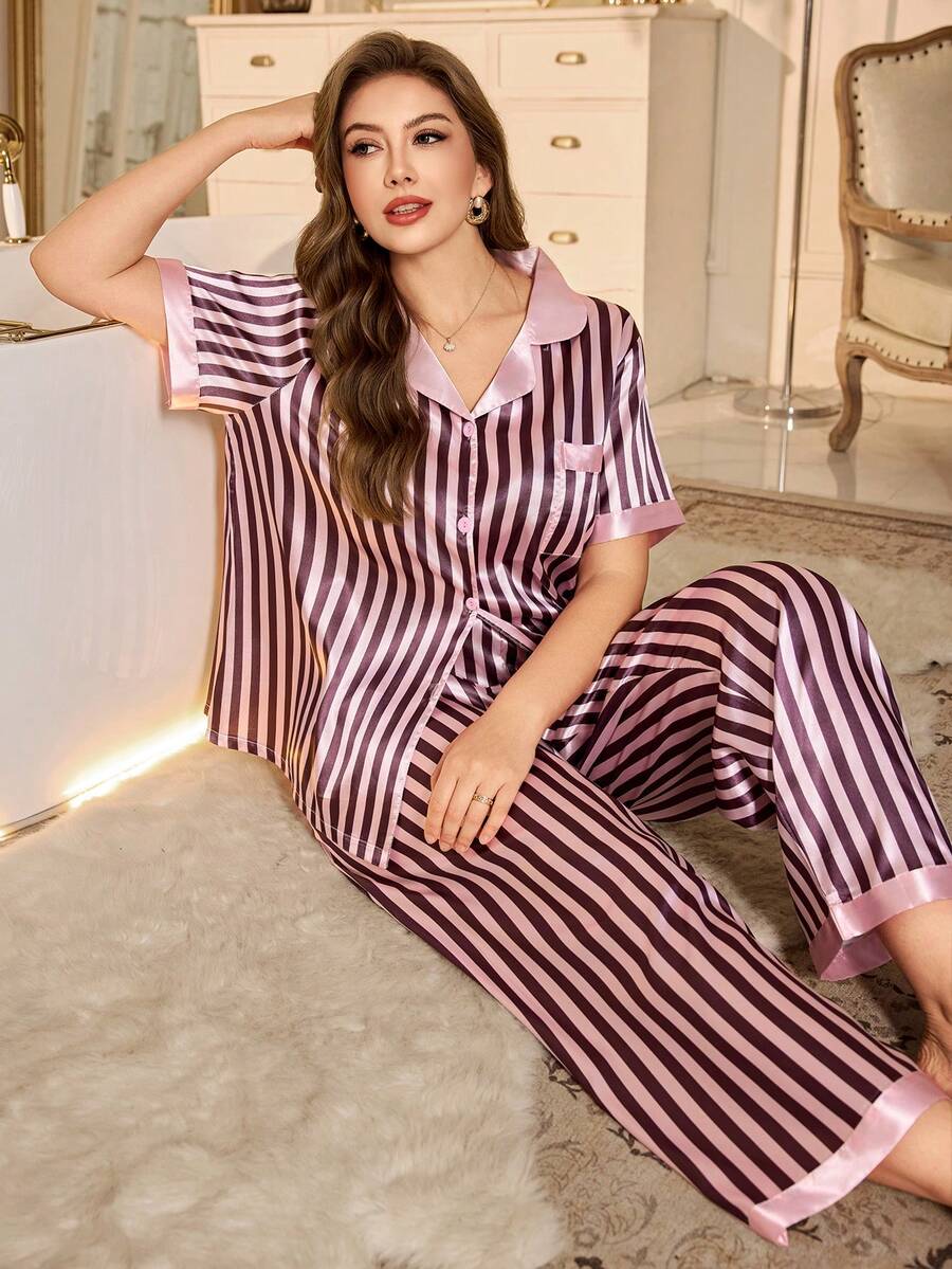 MuseNap CURVE Conjunto de pijama de mujer talla grande con cuello de solapa, manga corta y parches de rayas en seda sintética - Rosa - Ver 1